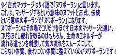 タイ古式マッサージはタイ語で「ヌワボーラン」と言います。 これは、マッサージするという意味のヌワットと古式、伝統 という意味のボーランで「ヌワボーラン」になります。 ヌワボーランはその場でコリだけをほぐす日本のマッサージと違い、 コリをほぐし疲れを取るのはもちろん、生命のエネルギーが 流れる道センを刺激して気の流れをスムーズにして、 こらない体質、疲れにくい体質に整えていくのがヌワボーランです！